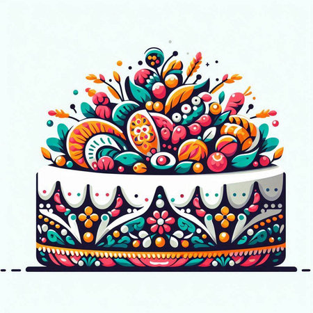 Cake with floral ornament. Hand drawn vector illustration. Doodle style.