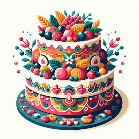 Cake decorated with berries, leaves and flowers. Vector illustration.