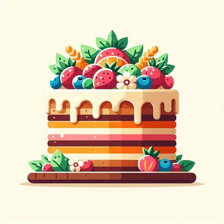 Cake with fruits and berries. Vector illustration in flat style.