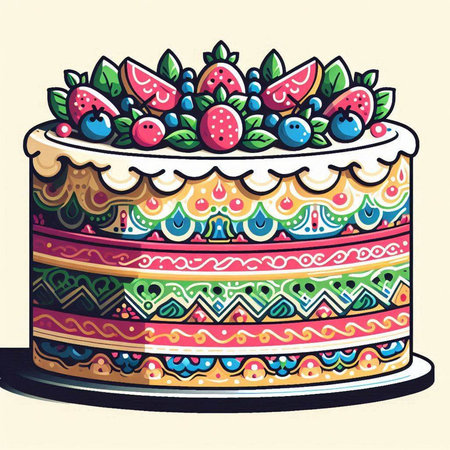 Colorful cake with strawberries and blueberries. Hand drawn vector illustration.