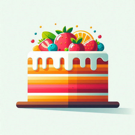 Cake with fruits and berries. Vector illustration in flat style.