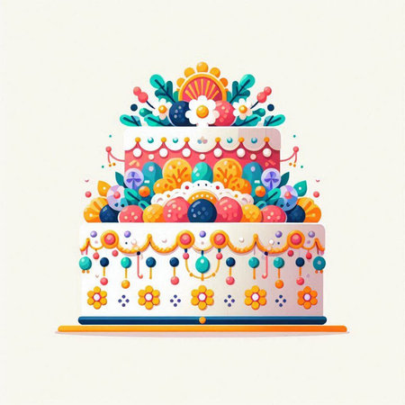 Birthday cake decorated with colorful ornaments. Vector illustration.