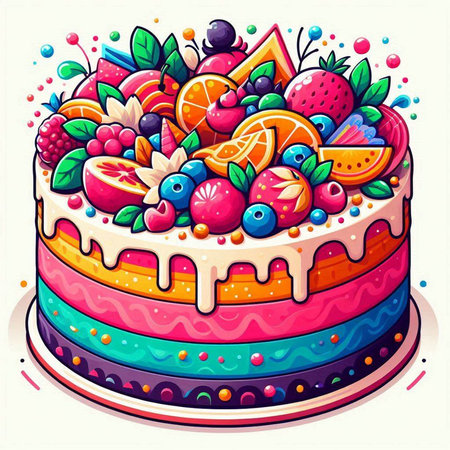 Birthday cake with fruit and berries. Vector illustration. EPS 10