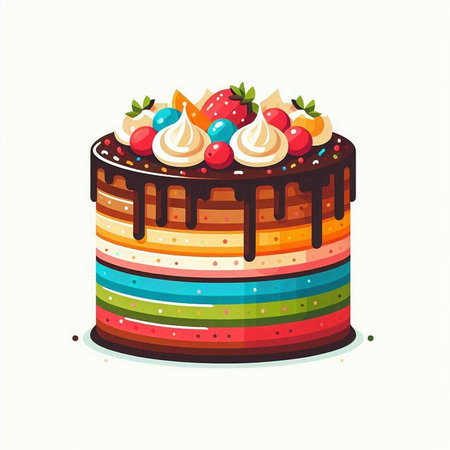 Colorful cake with cream and berries on a white background. Vector illustration.