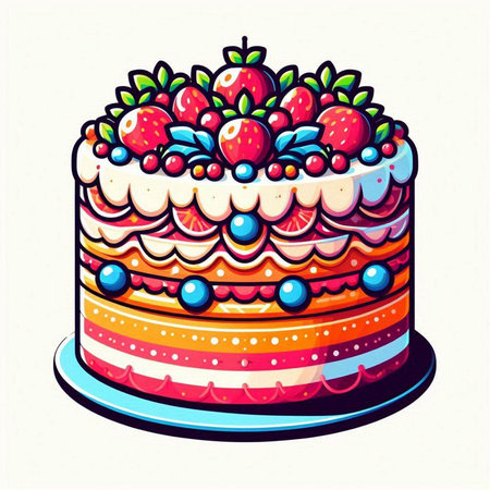 Cake with strawberries and cherries. Vector illustration on white background.