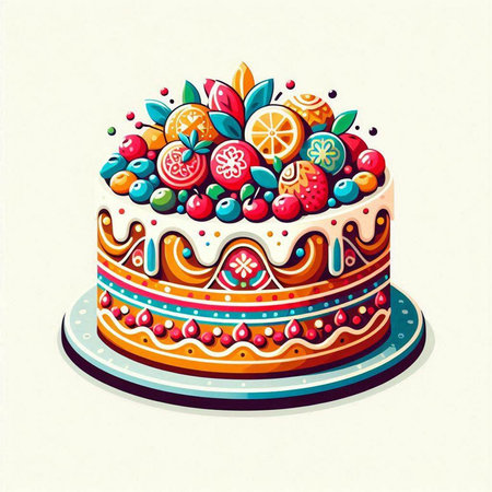 Birthday cake with berries and orange on a white background. Vector illustration.