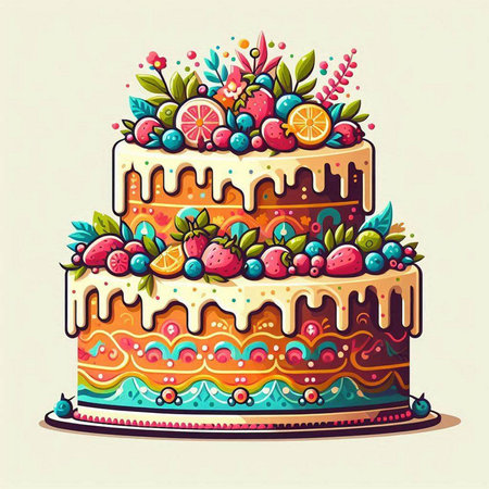 Birthday cake with fruits and berries. Vector illustration in retro style.