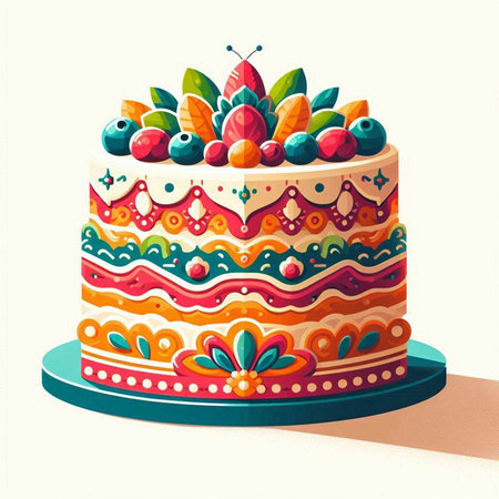 Birthday cake decorated with berries. Vector illustration in retro style.