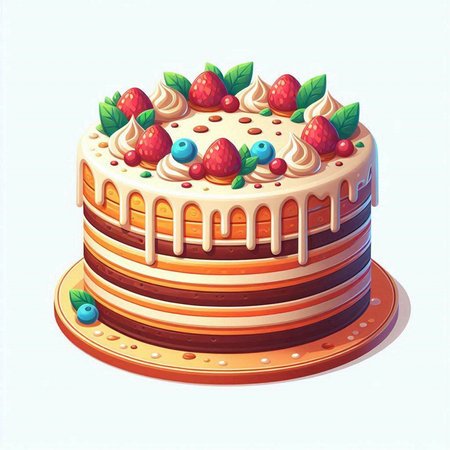 Illustration of a birthday cake with berries and cream on a white background