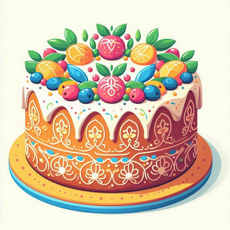 Illustration of a colorful cake with berries and fruits, vector illustration