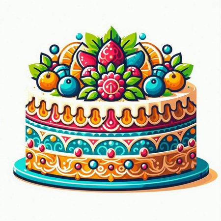 Colorful birthday cake with fruits and berries. Hand drawn vector illustration