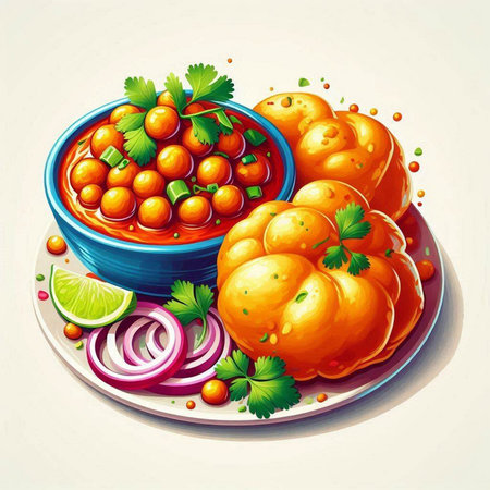 Vector illustration of bowl of spicy sauce with pumpkin, onion and parsley