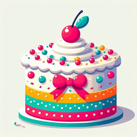 Birthday cake with cherry on top. Vector illustration in retro style.