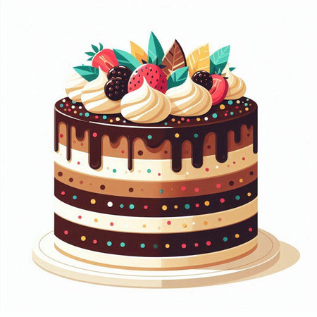Illustration of a birthday cake with cream and berries on a white background