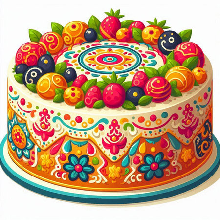 Illustration of a cake decorated with fruits on a white background.