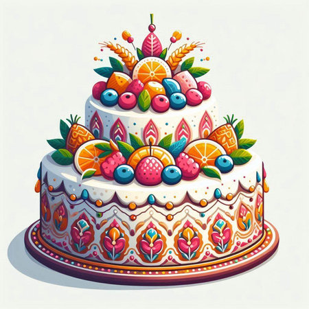 Birthday cake decorated with fruits and berries. Vector illustration in cartoon style.
