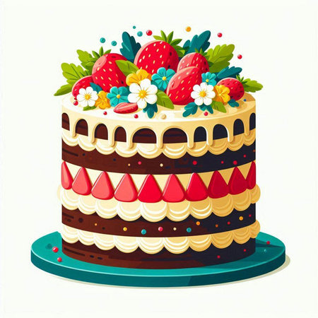 Birthday cake with strawberries and flowers on a white background. Vector illustration.