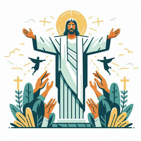Vector illustration of Jesus Christ on the cross with his hands outstretched.