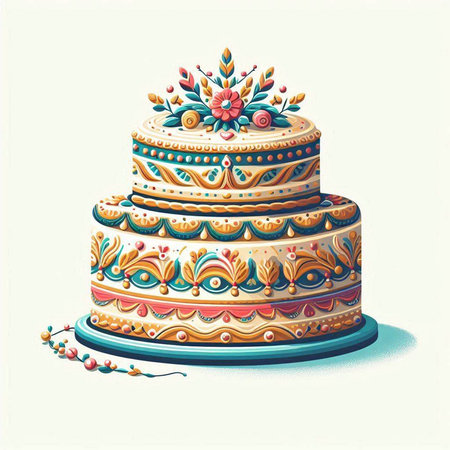 Illustration of a cake with floral ornament on a white background.