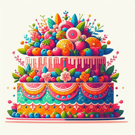 Birthday cake with fruits and berries. Colorful vector illustration.