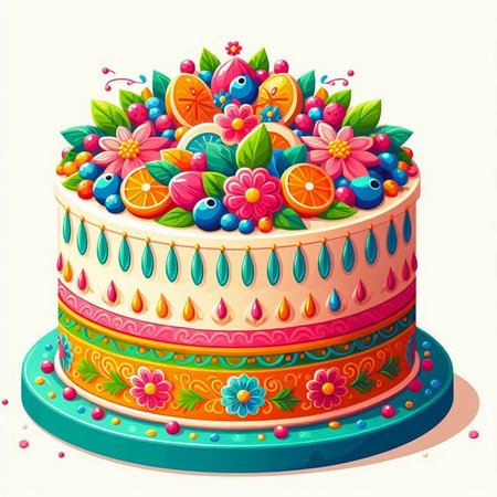 Birthday cake decorated with colorful flowers and fruits. Vector illustration.