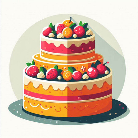 Birthday cake with berries. Vector illustration in flat design style.