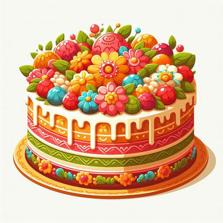 Cake decorated with flowers and eggs on a white background. Vector illustration.