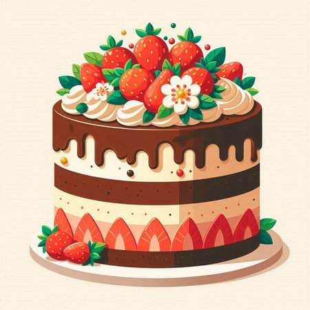 Birthday cake with strawberries and cream. Vector illustration in retro style.