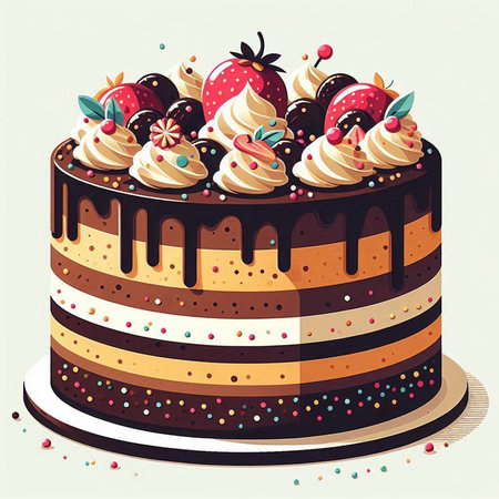 Birthday cake with berries and cream. Vector illustration in retro style.