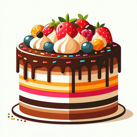 Illustration of a birthday cake with berries on a white background.