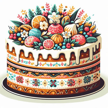 Colorful cake with floral ornament. Vector illustration. Hand drawn.