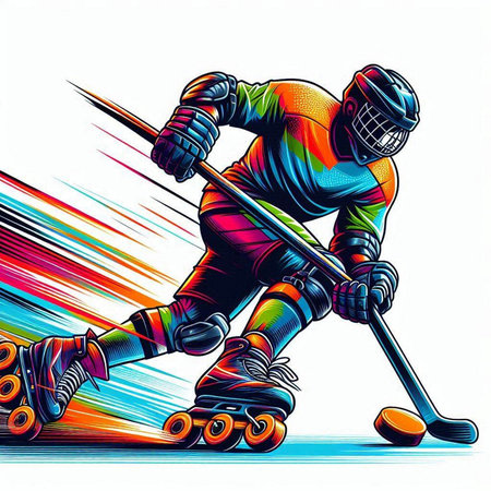 Hockey player with roller skates. Colorful vector illustration.