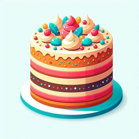 Birthday cake with colorful cream. Vector illustration in cartoon style.