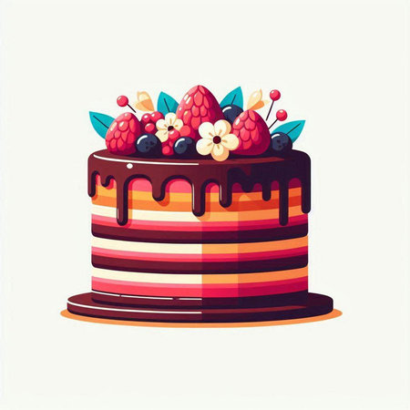 Birthday cake with berries and chocolate glaze. Vector illustration.