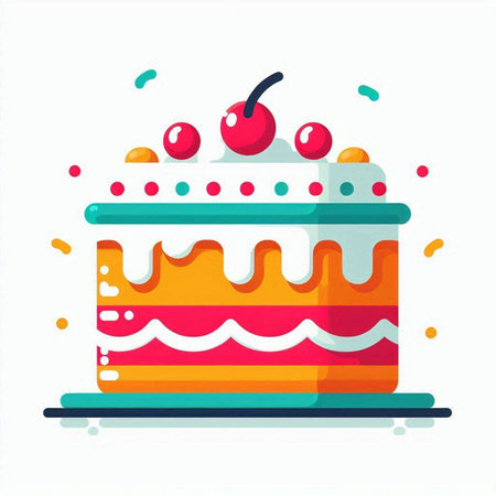 Birthday cake with cherry on top. Vector illustration in flat style