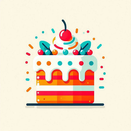 Cake with cherry and sprinkles. Vector illustration in flat style.