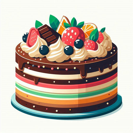 Birthday cake with cream, berries and chocolate. Vector illustration.