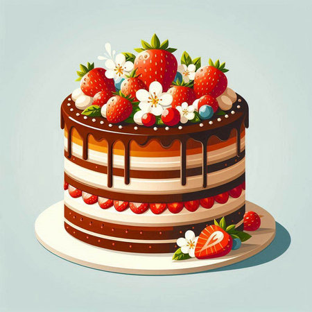 Illustration of a cake with strawberries and flowers on a blue background