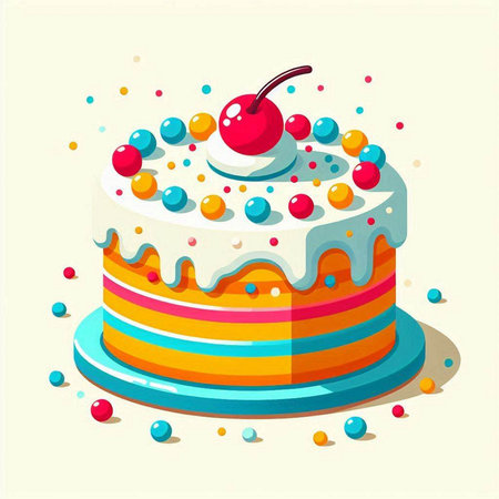 Birthday cake with cherry and colorful candies. Vector illustration.
