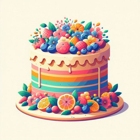Birthday cake with fruits and berries. Vector illustration in retro style.