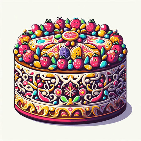 Illustration of a cake decorated with colorful ornaments on a white background