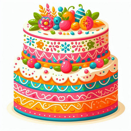 Birthday cake with colorful pattern isolated on white background. Vector illustration.