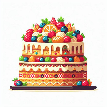 Cake with berries and cream. Vector illustration on white background.