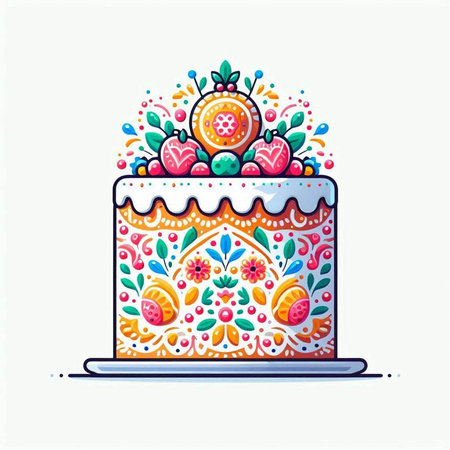 Easter cake with flowers and eggs on a white background. Vector illustration.