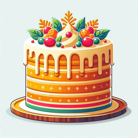 Cake with berries and cream. Vector illustration in cartoon style.