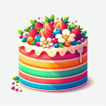 Birthday cake with fruits and berries. Vector illustration on white background.
