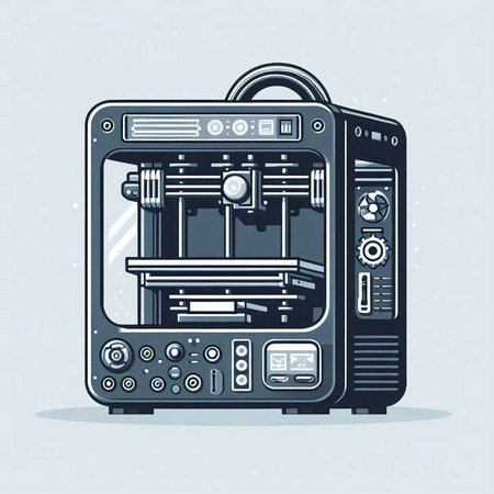 3d printing machine. Vector illustration in flat style on blue background.