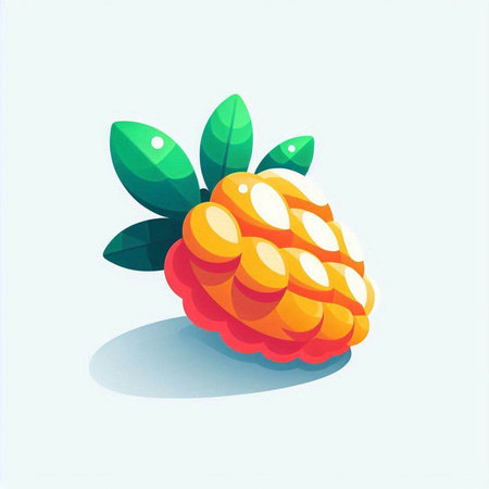 Raspberry fruit vector illustration. Ripe juicy berry with green leaves.
