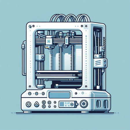 Vector illustration of 3d printer in flat style on blue background.