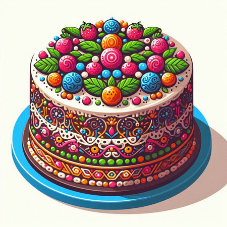 Illustration of a birthday cake decorated with berries, leaves and beads